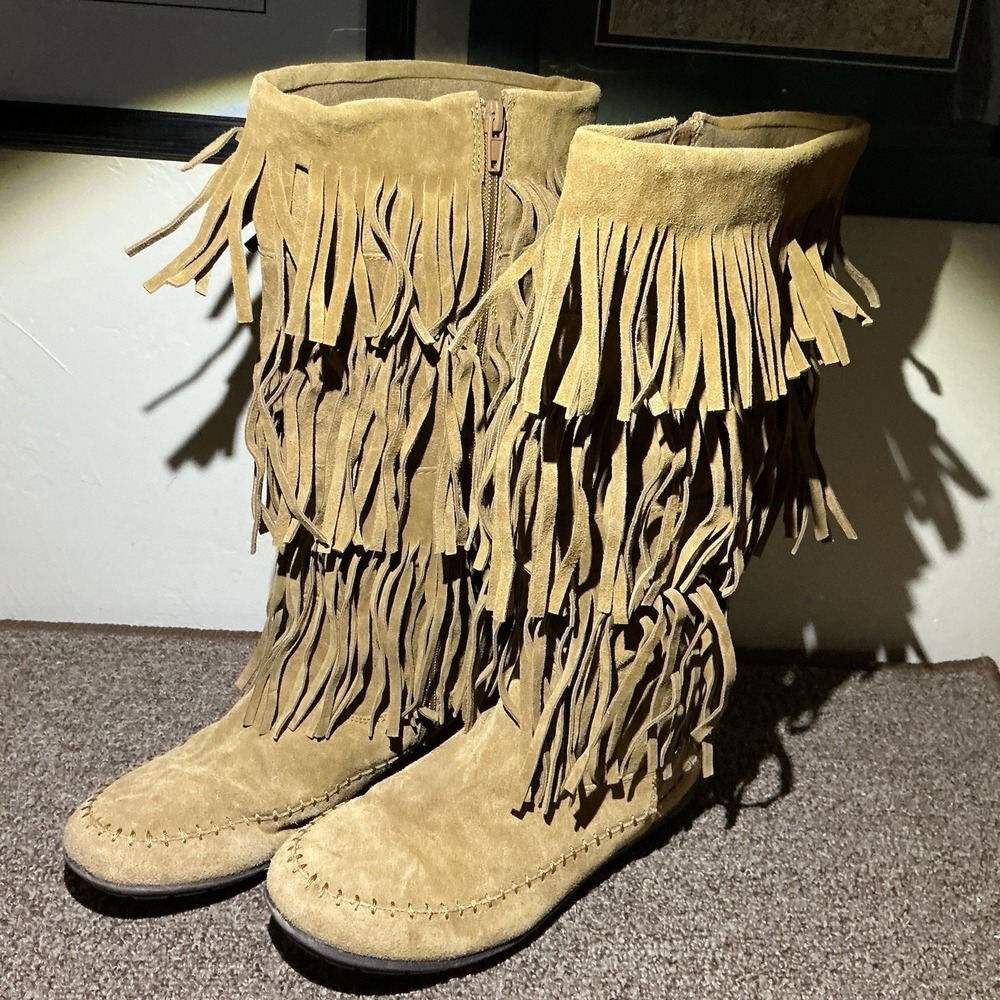 Bjorndal Indigo 3 Layer Fringe‎ Moccasin Boot Zipper Side Brown Suede 9 POW WOW